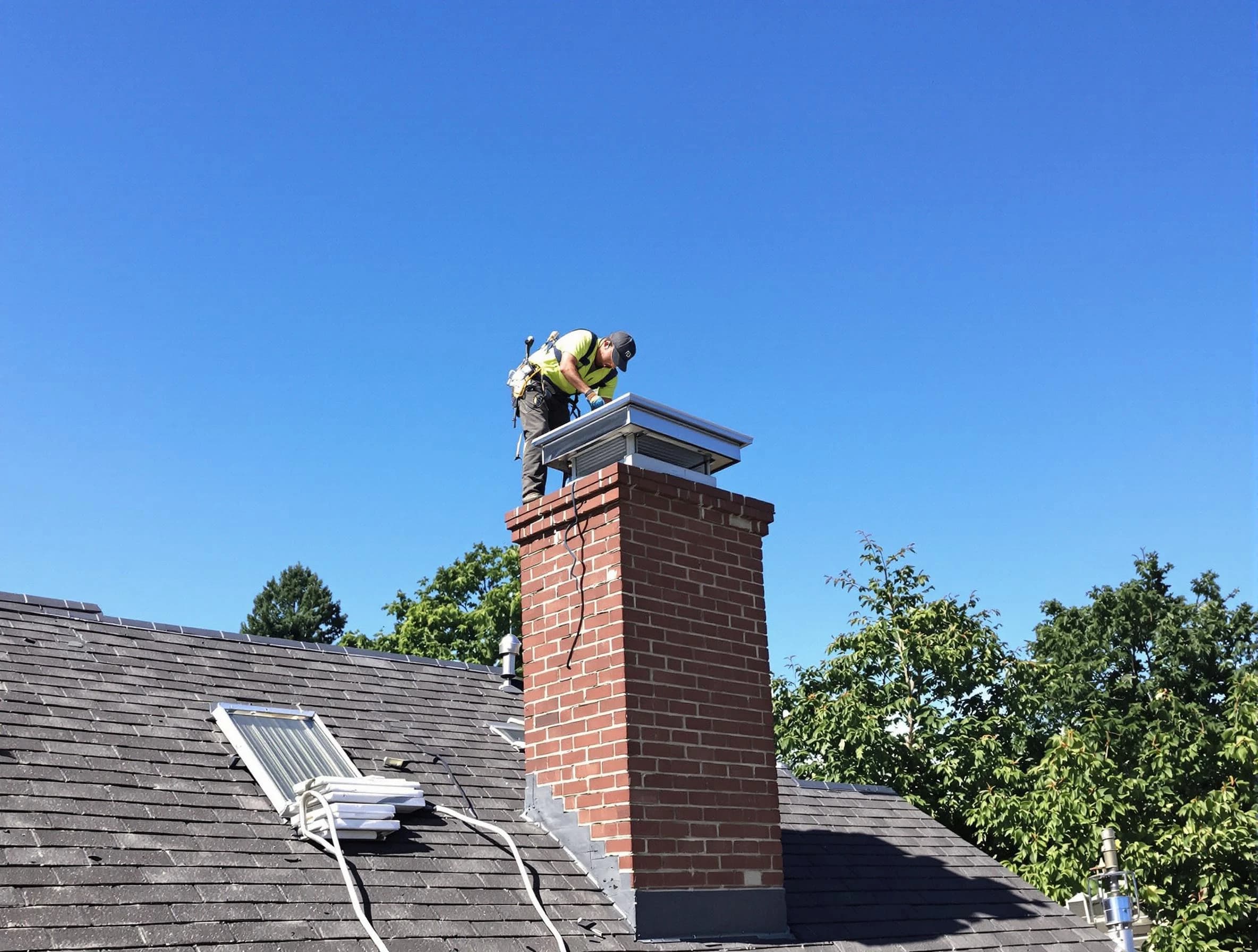 Brighton Chimney Sweep technician measuring a chimney cap in Brighton, CO